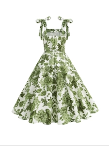 Women Vintage Floral Print Midi Dress Elegant Square Neck Sleeveless A-Line Swing Dress With Adjustable Bow Tie Straps Retro Summer Party Sundress