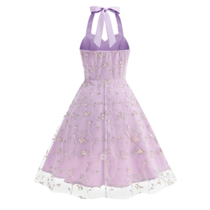 Detail of elegant purple mesh embroidery dress with sleeveless halter tie and floral lace