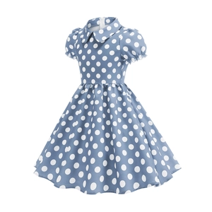 Close-up of light blue polka dot cotton dress featuring puff sleeves and Peter Pan collar