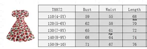 Size chart for girls floral short sleeve dress including bust and length for ages 4-10