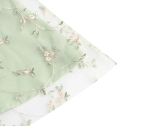 Détail du tulle vert clair avec broderie délicate de fleurs roses sur une robe fille
