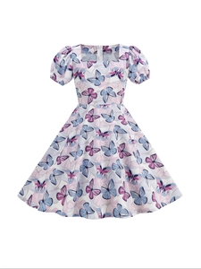 Girls Summer Fresh Printed Dress Square Neck Puff Sleeve Princess Dress Butterfly Strawberry Orange Ice Cream Print Mid Dress