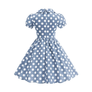 Close-up of vintage blue and white polka dot cotton dress with invisible back zipper