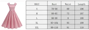 Size chart for vintage sleeveless dress with bust, waist, and length measurements