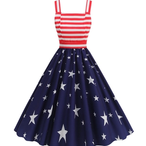 Vintage Independence Day A-line strap dress with patriotic stars and stripes pattern