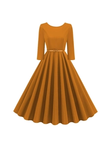 Women Vintage Elegant 3/4 Sleeve Pleated A-Line Midi Dress Round Neck Retro Audrey Hepburn Style Dress With Belt Party