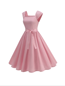 Detail of retro pink A-line dress with square neckline and bow belt decoration