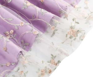 Detail of elegant mesh embroidery featuring pink floral patterns on purple fabric