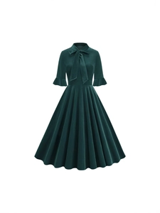 Vintage Bow Tie Velvet Midi Dress For Women Elegant Retro A-Line Party Swing Dress With Ruffle Short Sleeves
