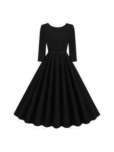 Elegant black retro 3/4 sleeve midi dress with high waist and pleated A-line skirt