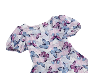 Detail of square neckline and puff sleeves on floral butterfly print girls dress
