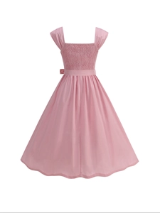 Pink sleeveless cotton dress with square neck and smocked bust in vintage A-line style