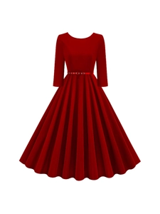 Elegant retro wine red mid-length dress with 3/4 sleeves and pleated skirt for women