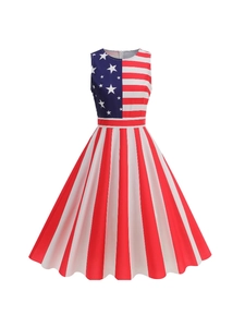 Women Retro Independence Day Sleeveless Midi Dress Patriotic USA Flag Stars Stripes Print A-Line Summer Party Dress