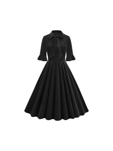 Elegant black retro A-line dress with bowtie neck and ruffle sleeves in 50s Hepburn style