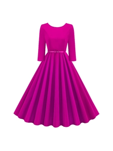 Elegant fuchsia 3/4 sleeve pleated dress with belt in a retro minimalist style
