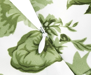 Detail of the high-quality invisible zipper on the green botanical print cushion cover