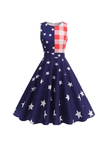 Women's sleeveless A-line retro dress with American flag star and stripe print pattern