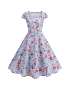 Vintage light blue floral A-line swing dress with square neck and 1950s style