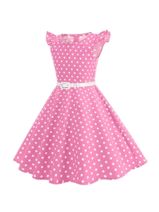 Robe Trapèze Vintage à Pois Pour Filles Manches Volantes Robe de Princesse Avec Ceinture Vêtements d'Été Pour Enfants