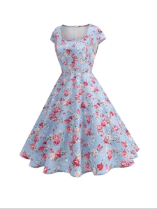 Detailed view of retro light blue floral dress with rose prints and invisible back zipper