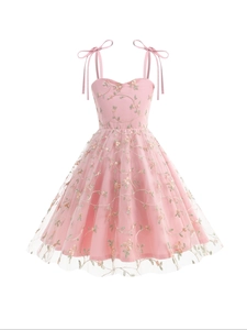 Robe de princesse rose pour fille avec broderie florale et détails en tulle doux