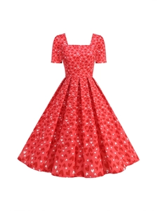 Robe Rétro Vintage Années 50 Imprimé Cœur Col Carré Manches Bouffantes Courtes Ligne A Midi Plissée Swing Fête Femmes Mode Vêtements
