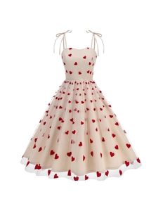 Women Sweet Cami Midi Dress Strawberry Heart Print Mesh Tulle A-Line Swing Hem Bow Strap Princess Dress For Valentine Day