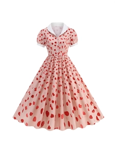 Women Retro A Line Midi Dress Puff Sleeve Peter Pan Collar Heart Petal Print Elegant Summer Party Swing Sundress