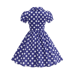 Rear view of vintage purple polka dot girls dress showing hidden zipper and Peter Pan collar