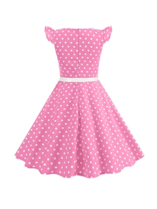 Vue arrière d'une robe rose à pois pour fille avec manches volantées et ceinture blanche