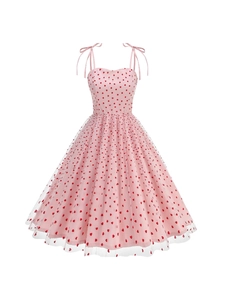 Pink heart-patterned mesh strap A-line dress with romantic embroidery and slim waist