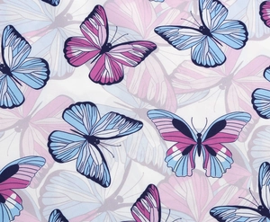 Detail of elegant floral fabric featuring pink and blue butterflies on a soft white base