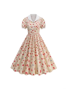 Elegant vintage A-line short sleeve dress featuring colorful heart floral prints and a Peter Pan collar