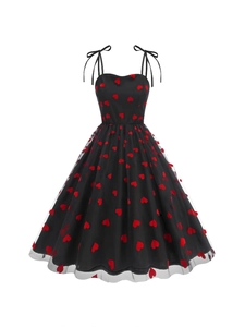 Retro black strap dress with red heart embroidery and layered mesh skirt for Valentine's