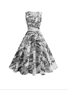 Robe ligne A sans manches à col en V avec imprimé paysage vintage noir et ceinture