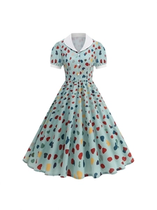 Vintage light blue A-line dress with colorful heart print and white Peter Pan collar