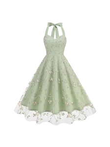 Women Vintage Floral Embroidered Halter Neck Mesh Dress Elegant A-Line Sleeveless Bow Back Party Wedding Guest Mini Dress