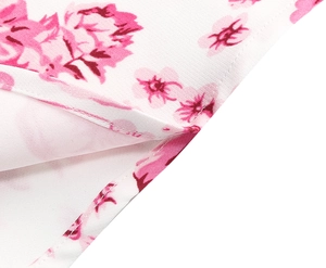 Detail shot of the floral print fabric with high-quality stitching and breathable lining