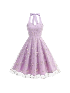 Elegant lavender mesh dress with floral embroidery and bow halter neckline