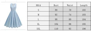 Size chart showing bust, waist, and length for a plaid V-neck sleeveless French dress