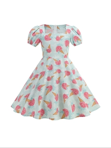 Elegant light blue girl's short sleeve dress with rose and ice cream floral prints