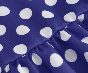Detailed macro view showing the blue polka dot fabric and ruffled stitching of the dress