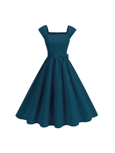 Women's Vintage Square Neck Cotton Midi Dress Elegant A-Line Swing Party Dress With Smocking And Bow Tie Waist Belt