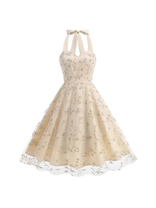 Elegant sleeveless beige tulle midi dress with floral embroidery and halter neck tie