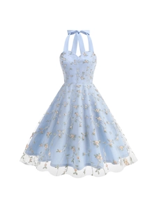 Elegant light blue halter neck A-line dress with floral mesh embroidery and bow detail