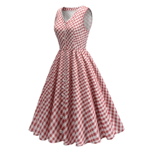 Detail of red gingham vintage dress showing V-neckline with scalloped trim and heart buttons