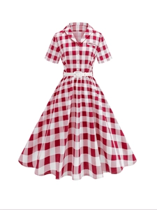 Vestito Midi a Quadretti Gingham da Donna Vintage Manica Corta Retrò Elegante Vestito a Trapezio Swing Con Cintura Bianca Revers Gingham