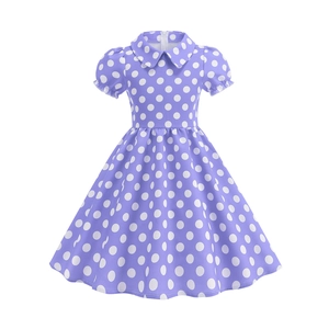 Flat lay of a girls lavender polka dot cotton dress with a white Peter Pan collar