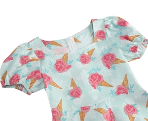 Detail of square neckline and puff sleeves on floral print dress for girls